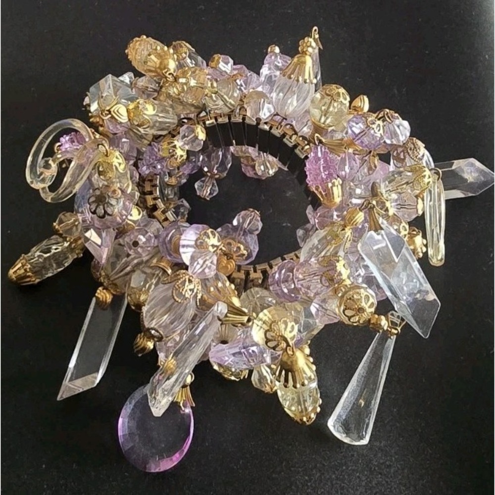 Mid Century Chunky Cha Cha‎ Expandable Bracelet Loaded w Pink Lucite Bead Charms